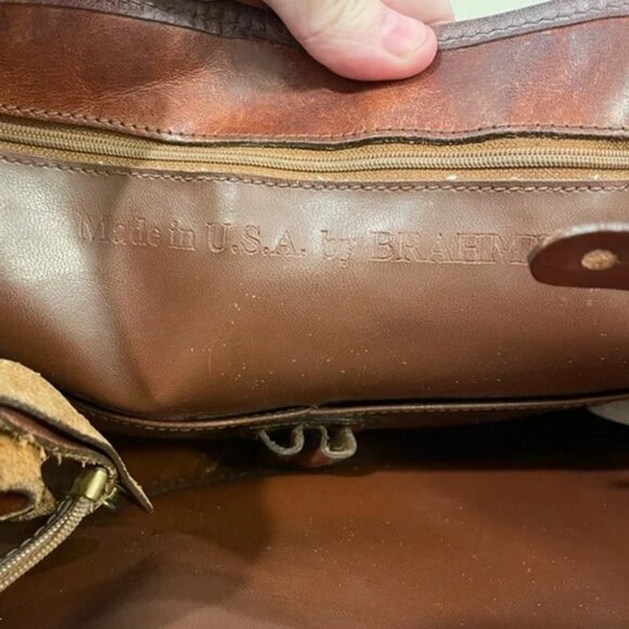 Vintage Brahmin Harbor khaki woven shoulder bag with brown leather trim handles - Picture 7 of 12